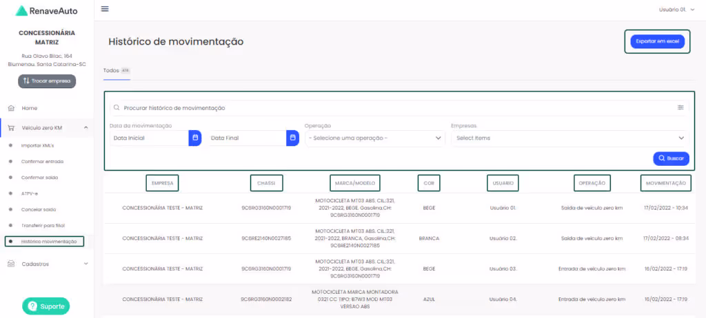 Imagem mostra o Histórico de movimentação do sistema RenaveAuto, com destaque nos botões "Exportar em Excel" e busca por filtragem.