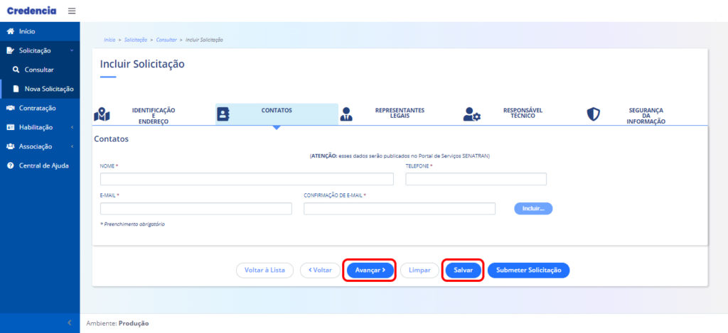 Tela do Credencia na aba "Contatos", com indicativo de clique em "Salvar" e "Avançar".