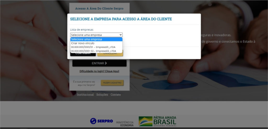 Tela de seleção de empresa no login do SERPRO.