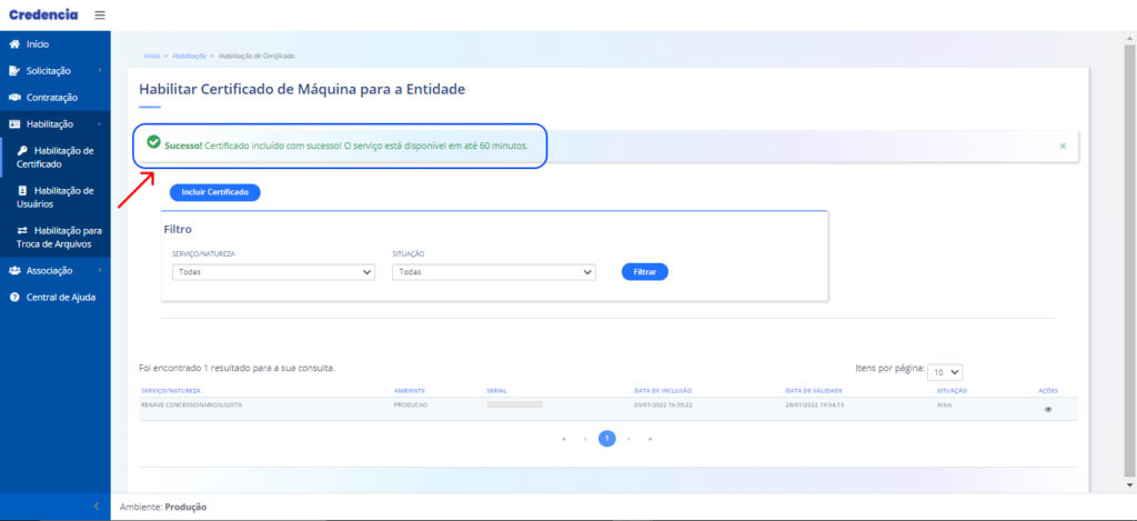 Tela de "Habilitação do Certificado" com mensagem de conclusão de inclusão do certificado.