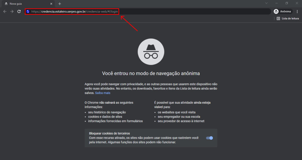 Tela com navegador em aba anônima indicando acesso ao site do credencia.