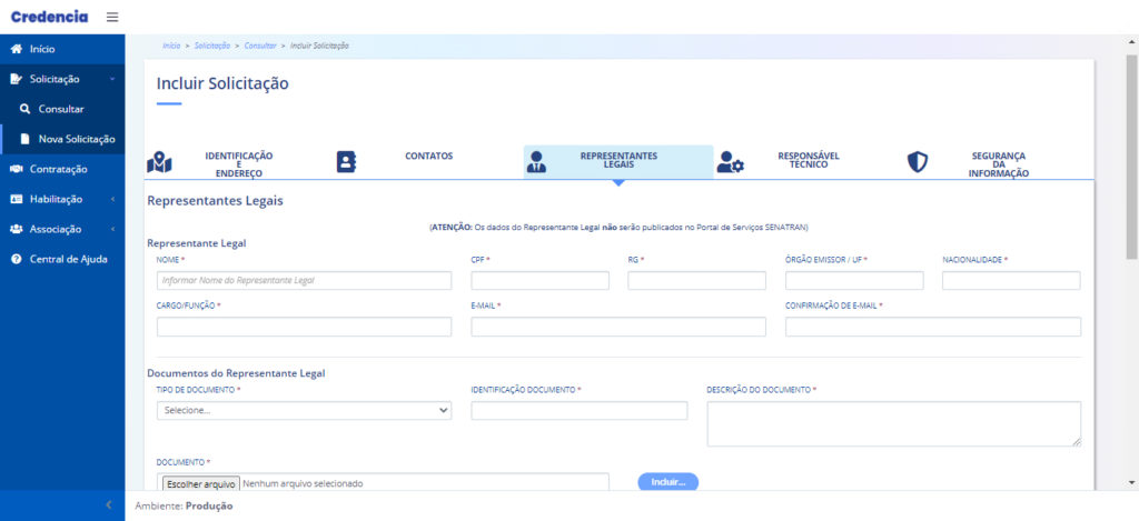 Tela do Credencia na aba "representantes legais".
