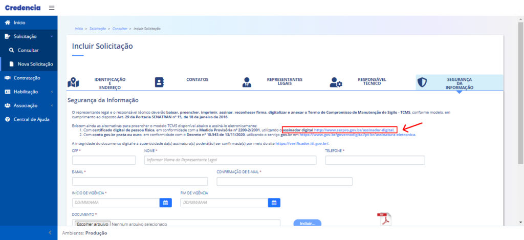 Tela do Credencia na aba "Segurança da informação" com indicativo de clique no link de download do Assinador Digital.