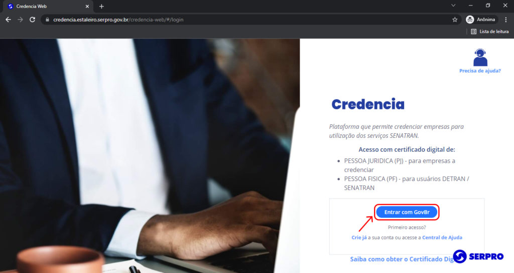 Tela de acesso do credencia com indicativo de "Entrar com GovBr".