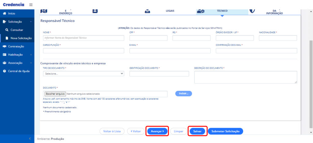 Tela do Credencia na aba "Responsável Técnico" com indicativo de clique "Salvar" e "Avançar".