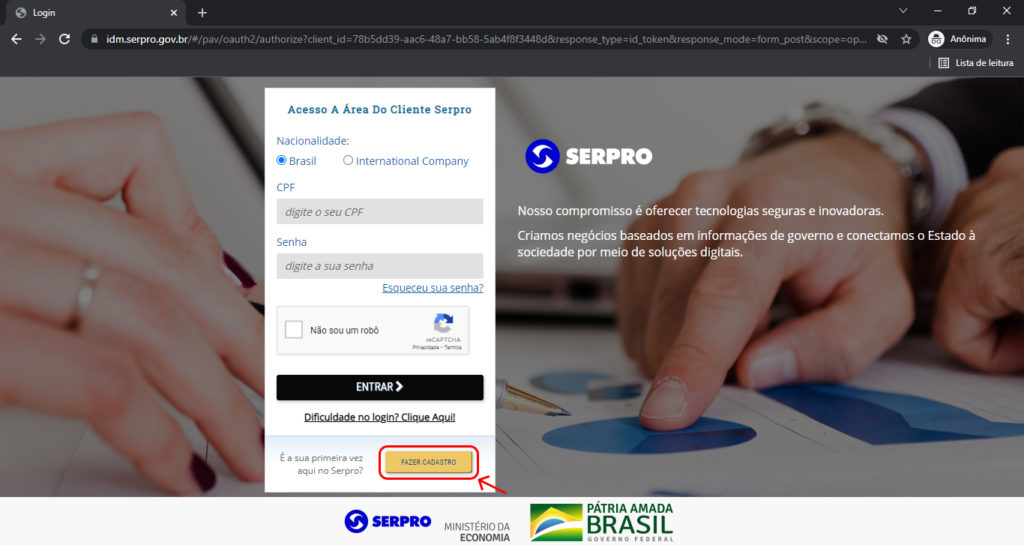 Tela de login do SERPRO, indicando clique no "Fazer Cadastro".