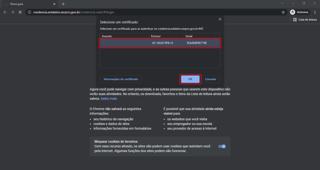 Tela com navegador em aba anônima com pop-up aberto para selecionar o certificado digital para acessar o credencia.
