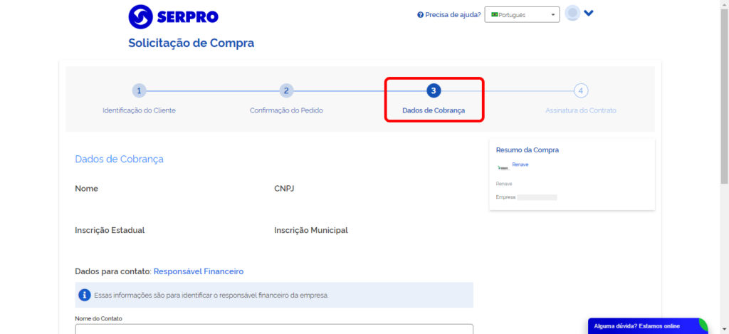 Tela de dados de cobrança