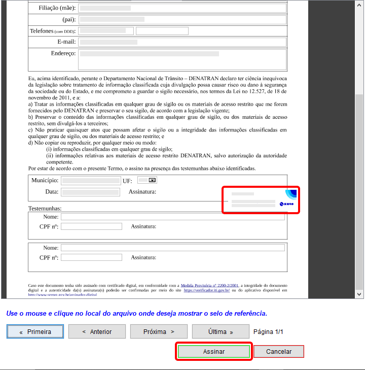 Tela do assinador evidenciando a assinatura digital e indicativo de clique no botão "assinar".