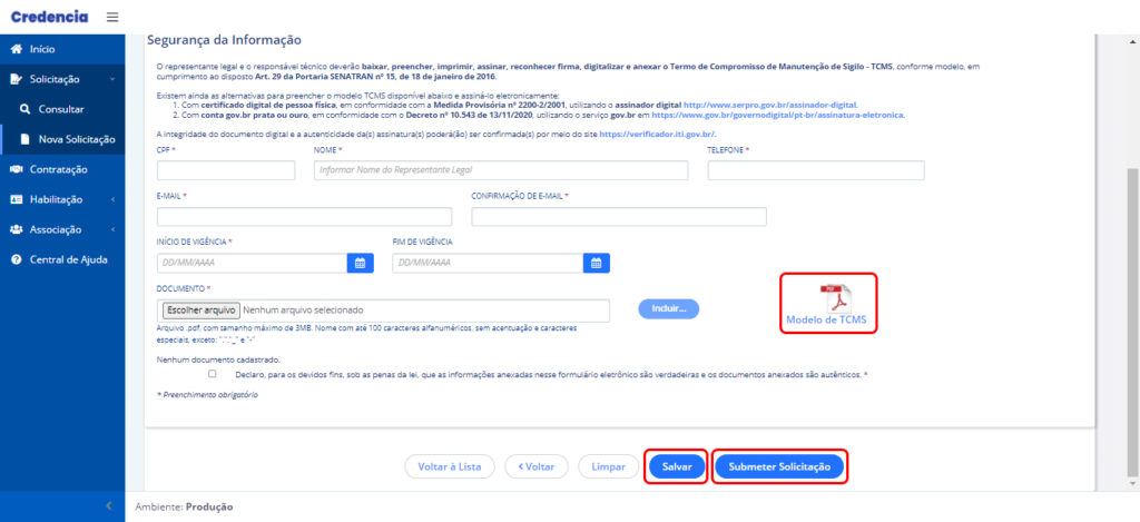 Continuação de aba "Segurança da informação", com indicativo de ação de clique no "Modelo TCMS", "Salvar" e "Submeter Solicitação".