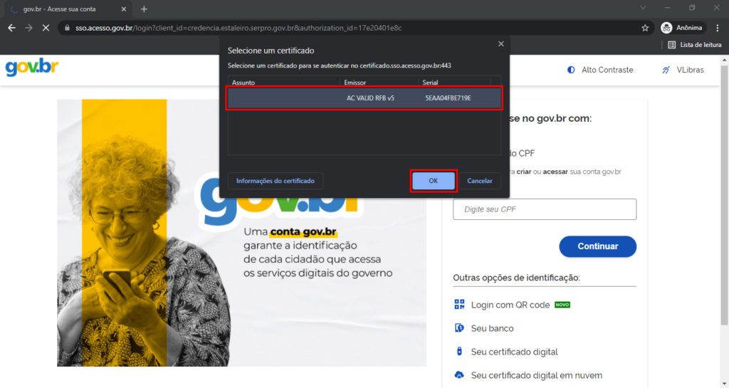 Tela de acesso ao GovBr, com indicativo para selecionar o certificado digital.