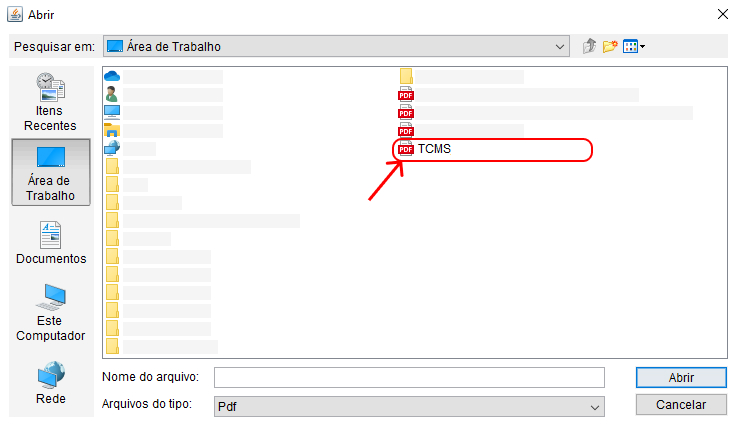 Explorador de arquivos indicando seleção do arquivo TCMS.
