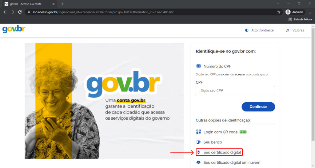Tela de acesso do GovBr com indicativo de acesso "Seu certificado digital".