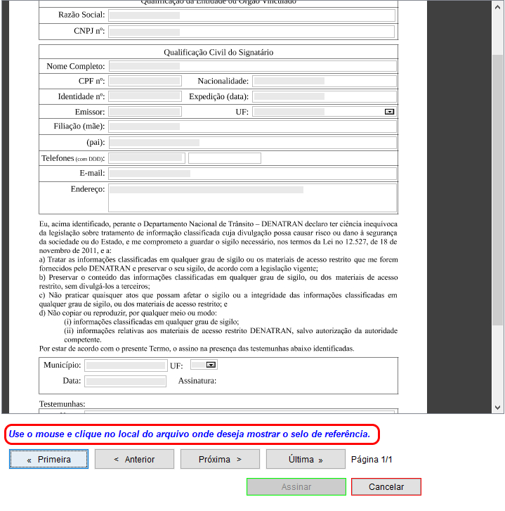 Tela do assinador evidenciando a mensagem "Use o mouse e clique no local do arquivo onde deseja mostrar o selo de referência.