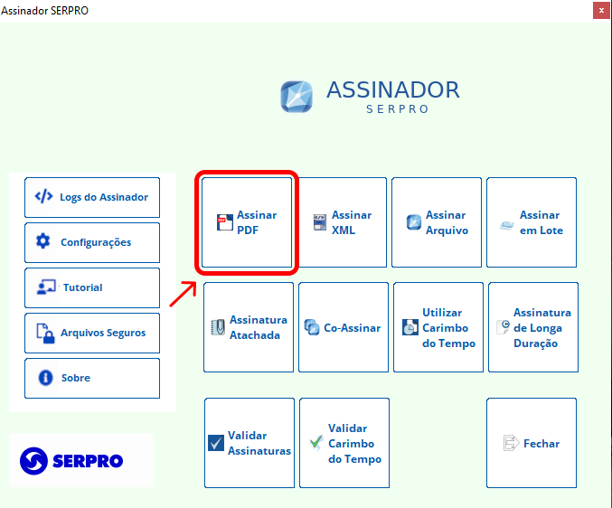 Tela do Assinador SERPRO, indicando clique em "Assinar PDF".